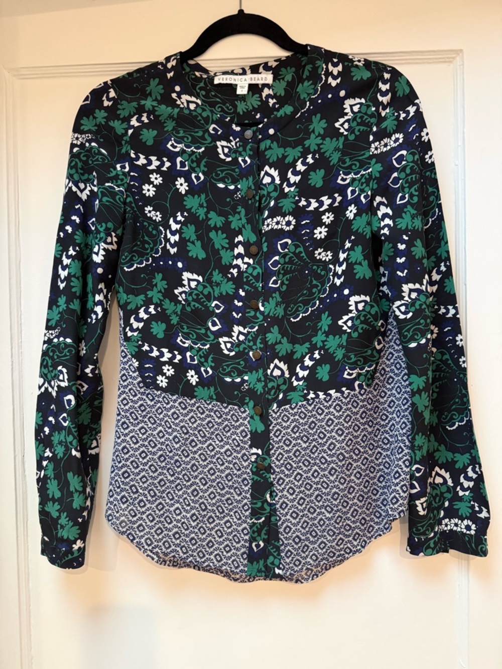 Veronica Beard silk Navy Green Floral Paisley Button-Up Blouse